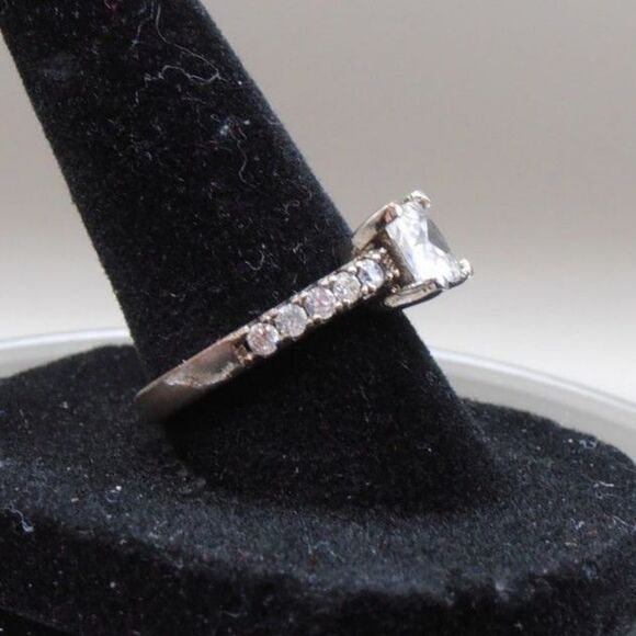 CZ Engagement Style Ring sz 7.5 S925 Silver Plated – Pristine Sparkle, Worn Band - Picture 2 of 5